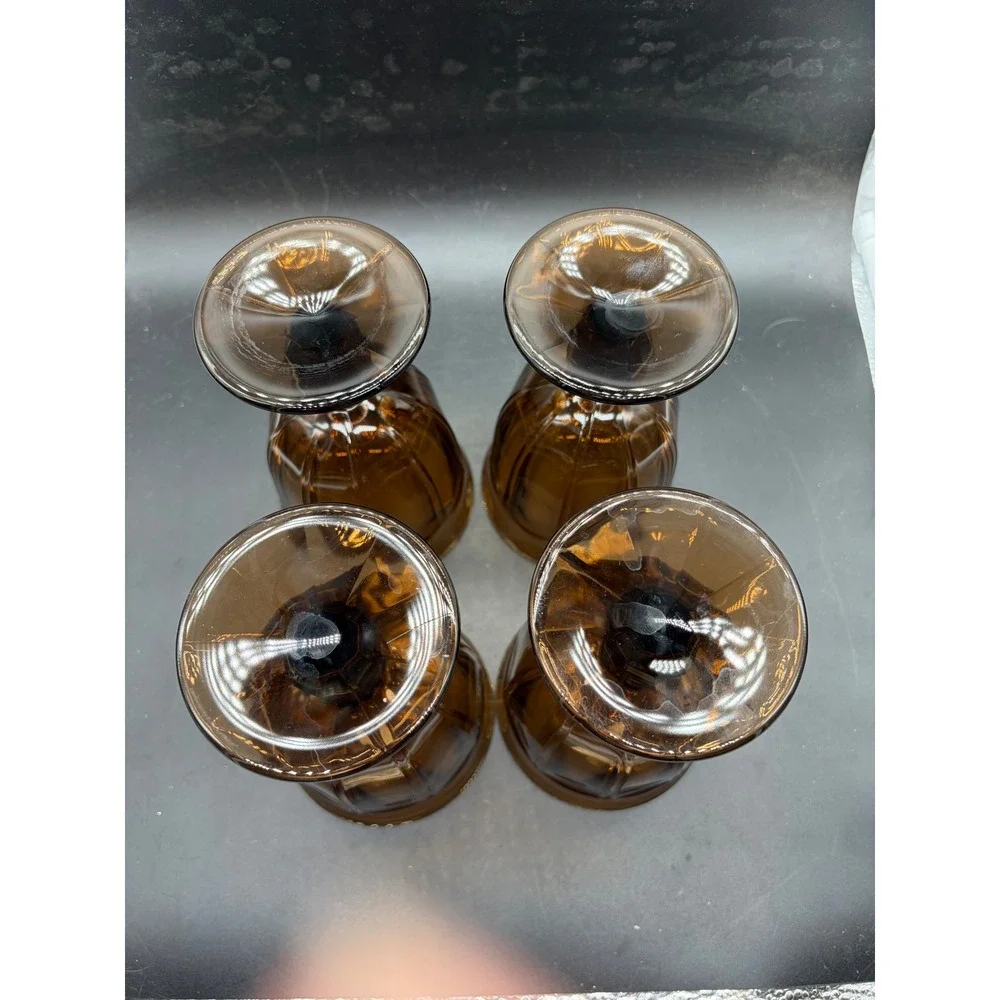 Libbey Cavalcade Amber Brown Glass Goblets Set 4 Vintage Footed Water Wine 5.5
